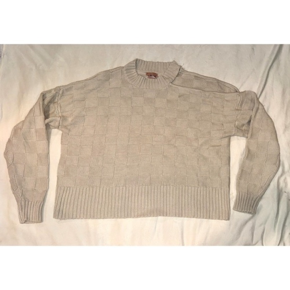 Willow-Root Cream Checkerboard Basketweave Knit Crewneck Sweater Tan Large (53)